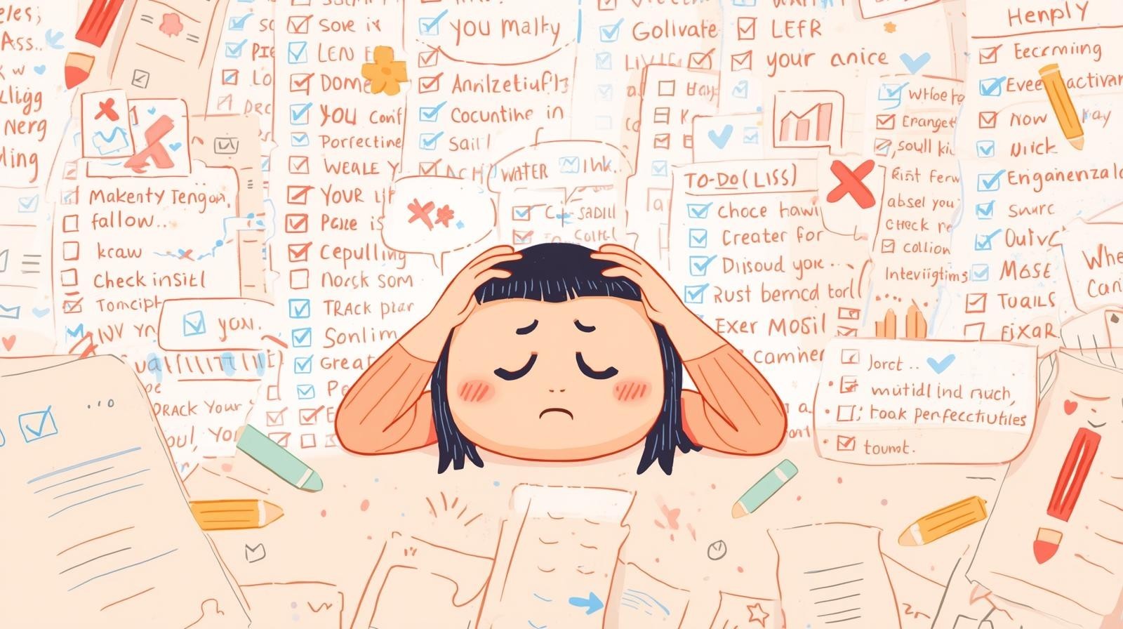 完璧主義者が長いToDoリストに疲れながら、短くやりながら進める方法を実践しているイラスト