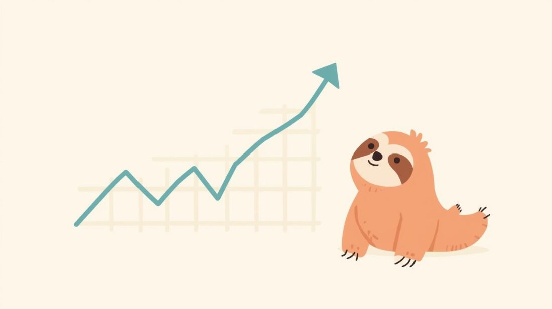 小さな成功で浮かれて途中で止まった習慣の成長グラフと、それを見守るナマケモノ