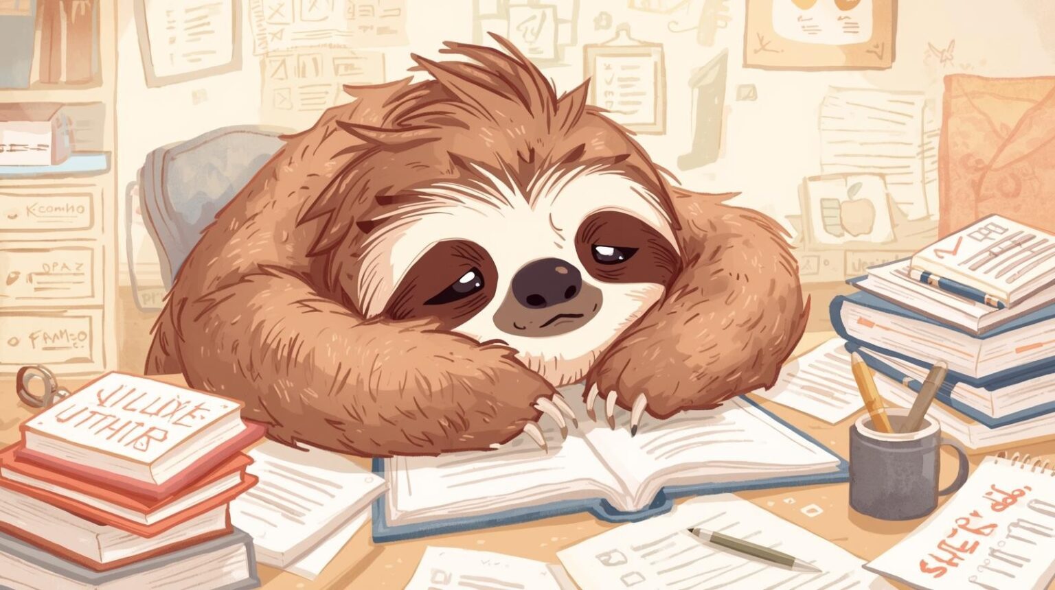 デスクとノートの前でぐったり座るナマケモノ。資格や副業の作業が続かないと悩んでいる様子。