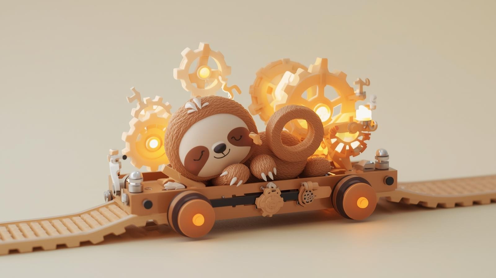 心地よさそうに寝転がるナマケモノのイラスト。周りの歯車や仕組みが、無理なく小さな目標を継続・習慣化している様子。