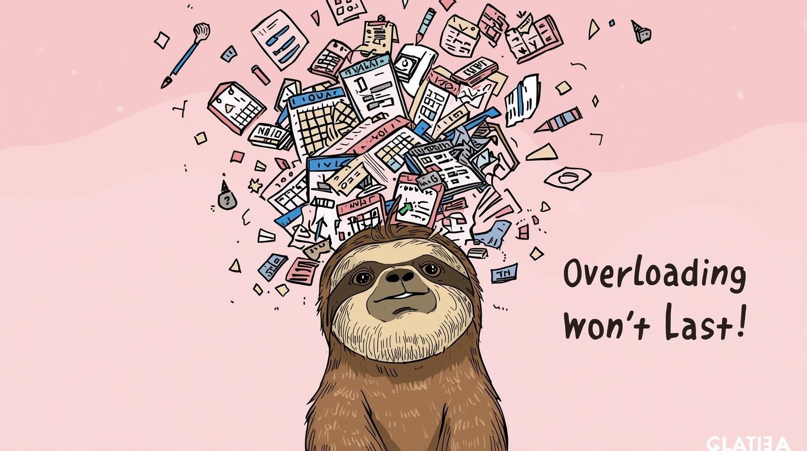 短期集中で焦ってタスクをこなすナマケモノ。先延ばしと詰め込みすぎによる挫折を象徴したイラスト。