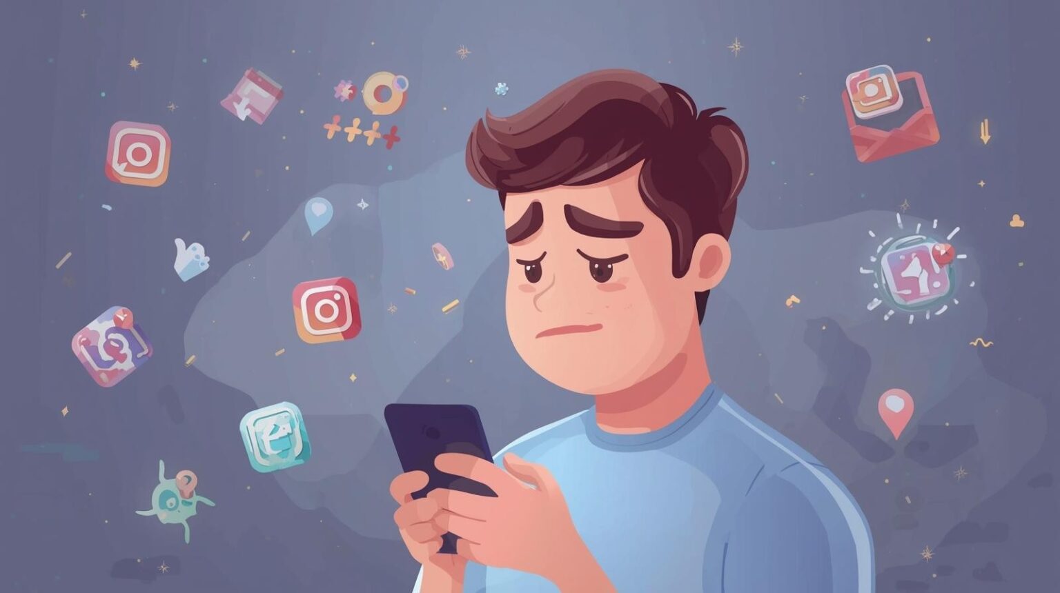 疲れた表情の大人の男性が座って考え込んでいる様子。背景は明るく柔らかい色合いで、SNSや情報の多さに圧倒されている感覚を表現。