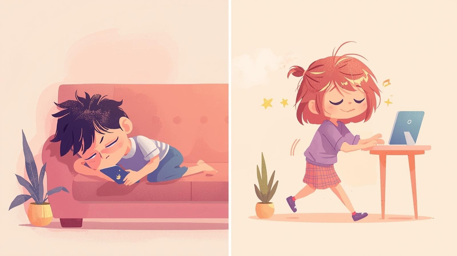 モチベ動画を見てだらけている姿と、実際に作業してやる気になっている姿を半分ずつ描いたかわいいイラスト