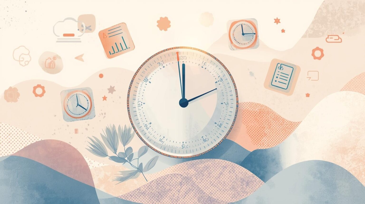 複数の時計が散らばる抽象的なイラスト。時間に追われる感覚や時間管理の難しさを象徴している。