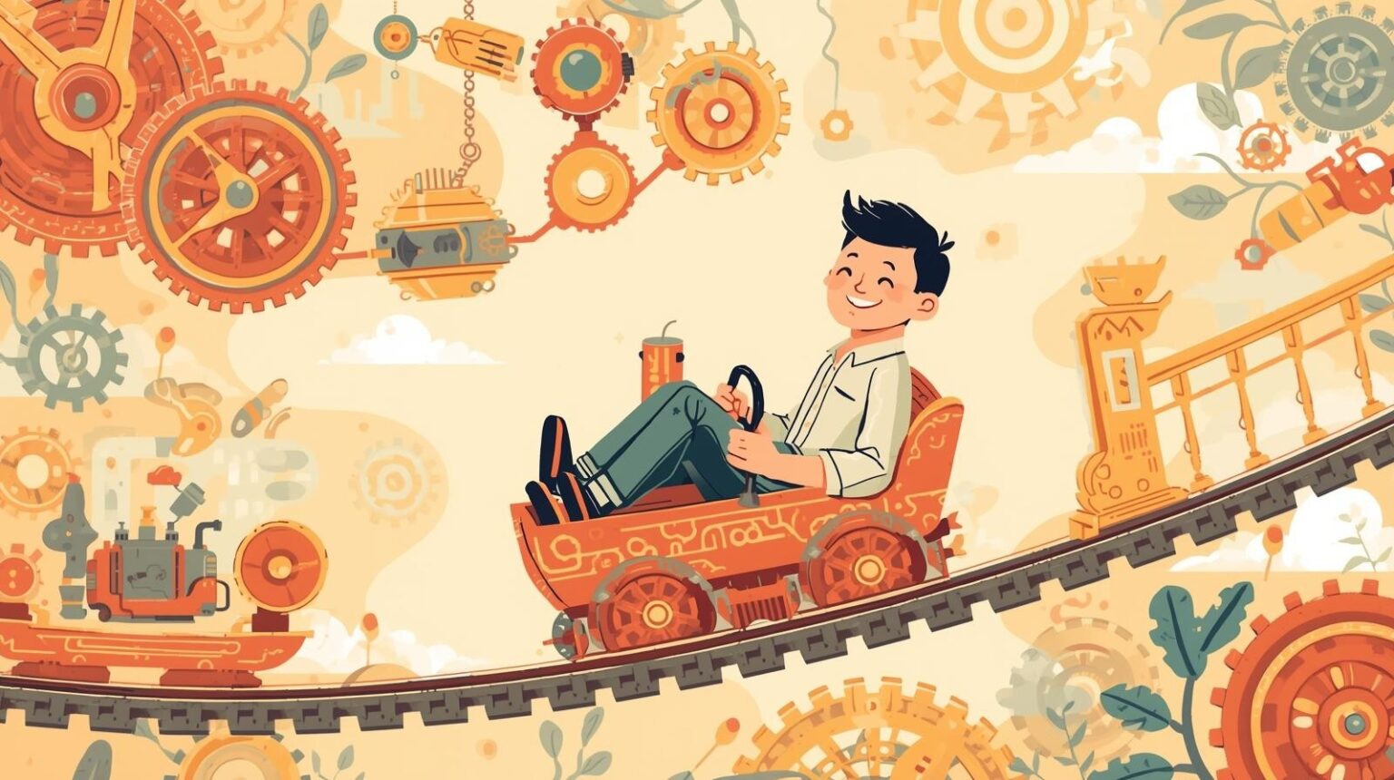 笑顔の大人の男性が、機械仕掛けの仕組みに乗って自動で流れるように動いているイラスト