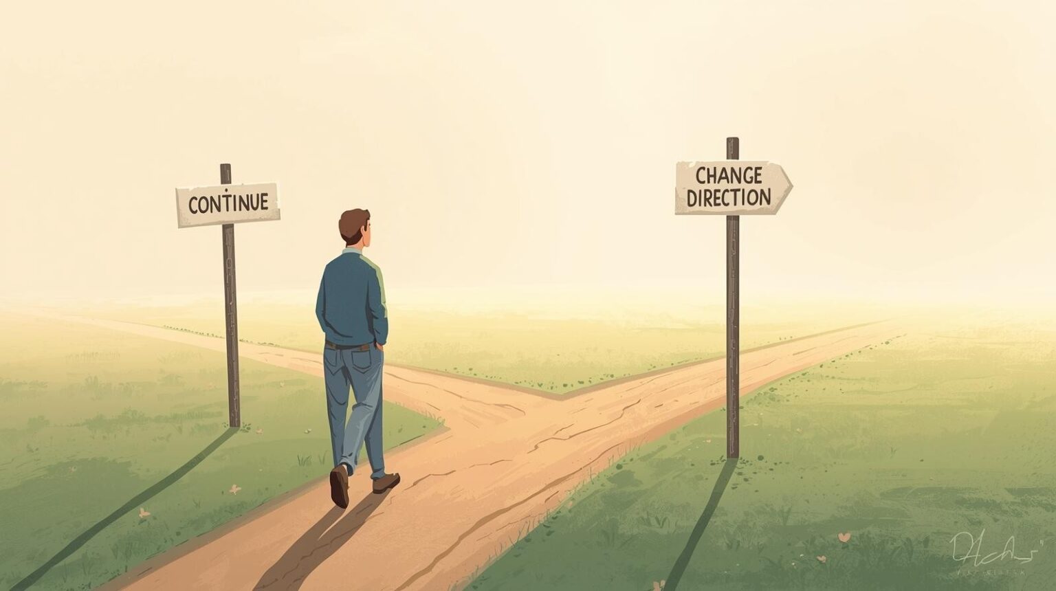 分かれ道で立ち止まり、のんびりと進む方向を選んでいる男性のイラスト。三日坊主でもいいという前向きなメッセージを表した画像。