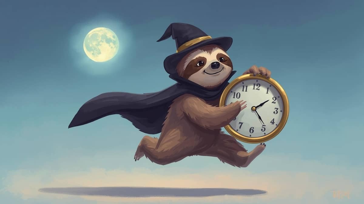 怪盗ハットとマントをつけたナマケモノが、大きな時計を抱えて高くジャンプしている「時間泥棒」のイラスト