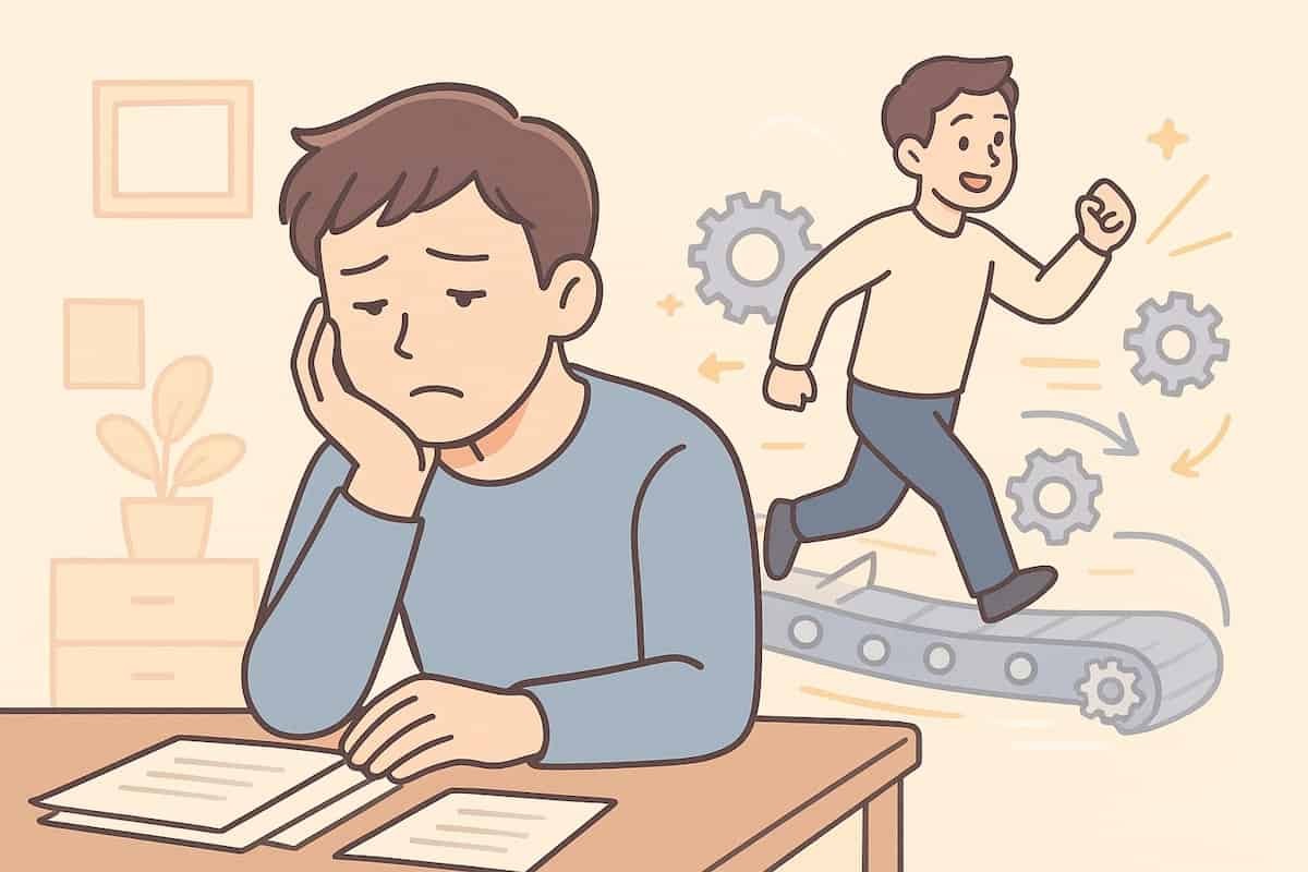 「頑張るのに疲れた人」と「仕組み化で楽に動いている人」の対比を表すイメージ