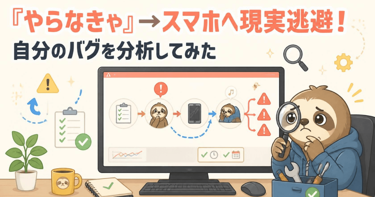 パソコンのエラーを調べるナマケモノとスマホへ逃げてしまう行動パターンのイラスト