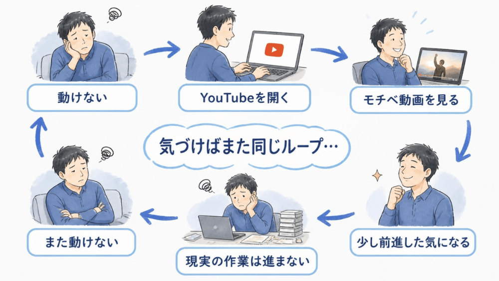 動けないときにYouTubeを開き、モチベ動画を見て一時的に前進した気になる行動ループ