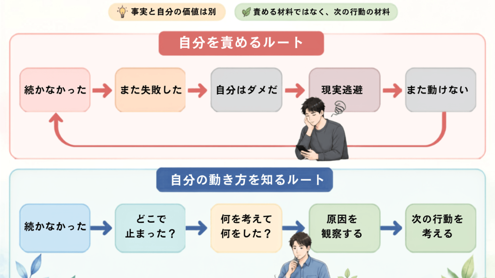 続かなかったことから自己嫌悪や現実逃避につながる流れと、自分の行動を観察して次の行動を考える流れを比較した図